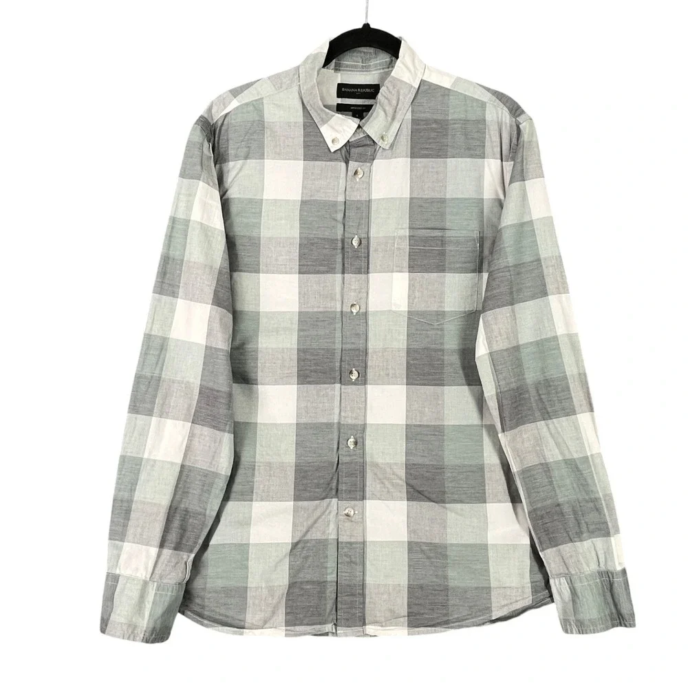 Banana Republic Untucked Fit Shirt Men L Plaid Organic‎ Cotton Casual Everyday